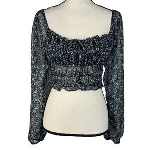 Aeropostale Small Cropped Top Floral Ruffled Keyhole Balloon Sleeve Square Neck